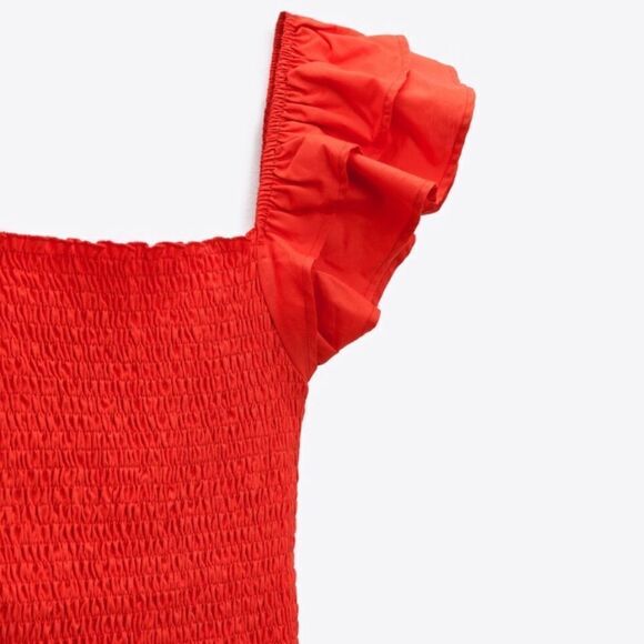 Zara Red Smocked Bodice Drop Waist Tiered Ruffle Form Fitted Mini Dress NEW - Picture 5 of 16